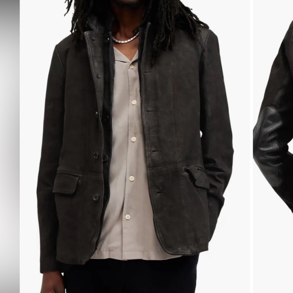 All Saints Survey Layered Leather Jacket Anthracite Grey Large